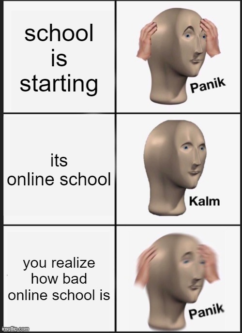 OH NO | school is starting; its online school; you realize how bad online school is | image tagged in memes,panik kalm panik | made w/ Imgflip meme maker