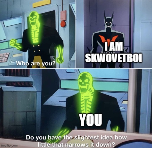 I AM SKWOVETBOI YOU | image tagged in do you have the slightest idea how little that narrows it down | made w/ Imgflip meme maker