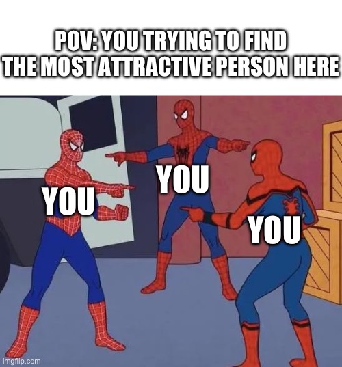 wonder who it could be… | POV: YOU TRYING TO FIND THE MOST ATTRACTIVE PERSON HERE; YOU; YOU; YOU | image tagged in 3 spiderman pointing,wholesome | made w/ Imgflip meme maker