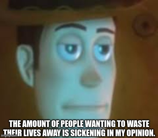disappointed woody | THE AMOUNT OF PEOPLE WANTING TO WASTE THEIR LIVES AWAY IS SICKENING IN MY OPINION. | image tagged in disappointed woody | made w/ Imgflip meme maker
