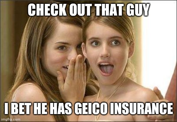 Check out that guy | CHECK OUT THAT GUY; I BET HE HAS GEICO INSURANCE | image tagged in girls gossiping,funny memes | made w/ Imgflip meme maker