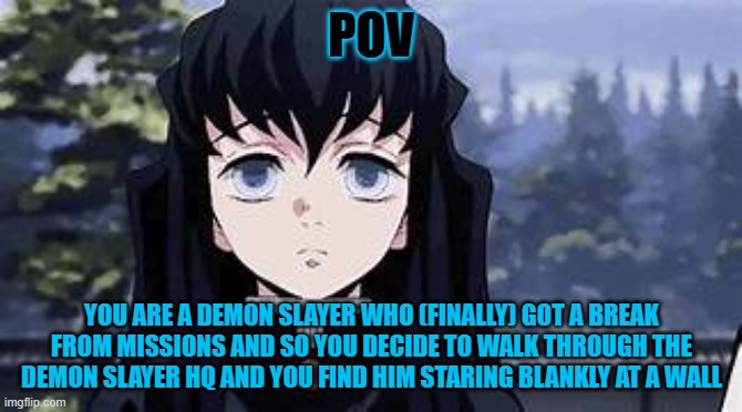 Muichiro rp (romance is aloowed females required for that...) no joke rp ... yeah | POV; YOU ARE A DEMON SLAYER WHO (FINALLY) GOT A BREAK FROM MISSIONS AND SO YOU DECIDE TO WALK THROUGH THE DEMON SLAYER HQ AND YOU FIND HIM STARING BLANKLY AT A WALL | made w/ Imgflip meme maker