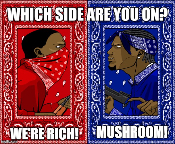 What do you pick? | WE'RE RICH! MUSHROOM! | image tagged in which side are you on,deep rock galactic | made w/ Imgflip meme maker