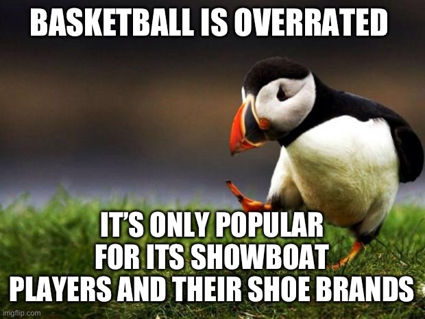 Basketball is overrated | BASKETBALL IS OVERRATED; IT’S ONLY POPULAR FOR ITS SHOWBOAT PLAYERS AND THEIR SHOE BRANDS | image tagged in memes,unpopular opinion puffin,nba,basketball,nba memes | made w/ Imgflip meme maker