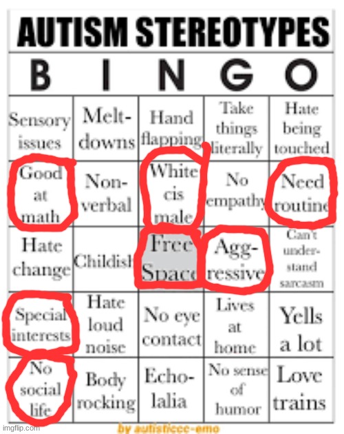 Note that I'm actually biracial (White/Latino) and bisexual | image tagged in autism stereotypes bingo | made w/ Imgflip meme maker