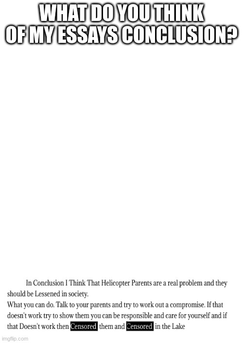 The Uncensored Version is in the Comments | WHAT DO YOU THINK OF MY ESSAYS CONCLUSION? IN CONCLUSION I THINK THAT HELICOPTER PARENTS ARE A REAL PROBLEM AND THEY SHOULD BE LESSENED IN SOCIETY.
WHAT YOU CAN DO. TALK TO YOUR PARENTS AND TRY TO WORK OUT A COMPROMISE. IF THAT DOESN'T WORK TRY TO SHOW THEM YOU CAN BE RESPONSIBLE AND CARE FOR YOURSELF AND IF THAT DOESN'T WORK THEN MURDER THEM AND DUMP THEIR BODY IN THE LAKE | image tagged in white blank space | made w/ Imgflip meme maker