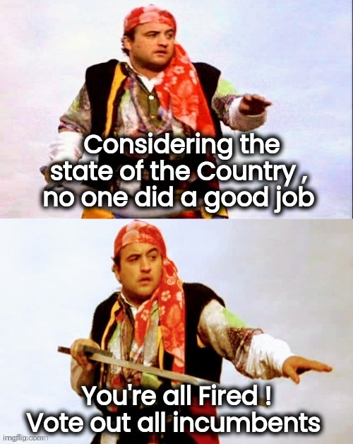 Pirate joke | Considering the state of the Country , 
no one did a good job You're all Fired ! Vote out all incumbents | image tagged in pirate joke | made w/ Imgflip meme maker