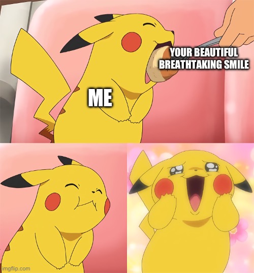 it’s like nothing I’ve ever seen before <3 | YOUR BEAUTIFUL BREATHTAKING SMILE; ME | image tagged in pikachu eating,wholesome | made w/ Imgflip meme maker