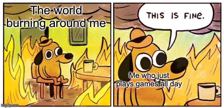 The only thing that matters for me is beating my games | The world burning around me; Me who just plays games all day | image tagged in memes,this is fine | made w/ Imgflip meme maker
