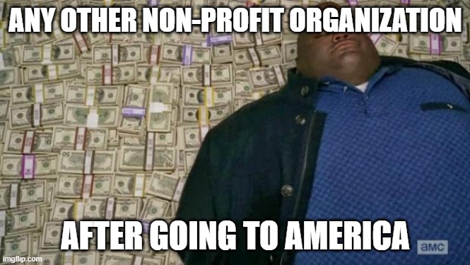 huell money | ANY OTHER NON-PROFIT ORGANIZATION; AFTER GOING TO AMERICA | image tagged in huell money | made w/ Imgflip meme maker