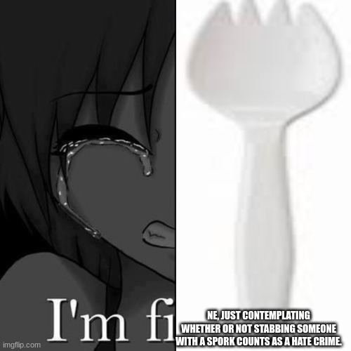 I'm fi | NE, JUST CONTEMPLATING WHETHER OR NOT STABBING SOMEONE WITH A SPORK COUNTS AS A HATE CRIME. | image tagged in i'm fi | made w/ Imgflip meme maker