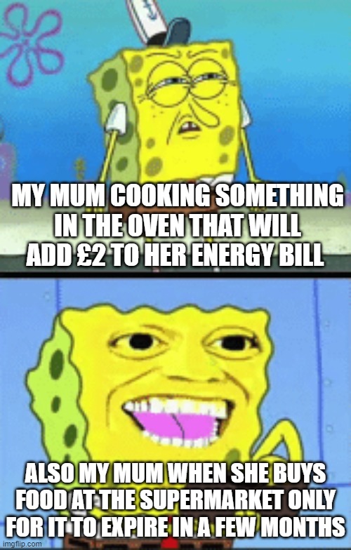 me and my friend's mum does this... | MY MUM COOKING SOMETHING IN THE OVEN THAT WILL ADD £2 TO HER ENERGY BILL; ALSO MY MUM WHEN SHE BUYS FOOD AT THE SUPERMARKET ONLY FOR IT TO EXPIRE IN A FEW MONTHS | image tagged in spongebob money | made w/ Imgflip meme maker