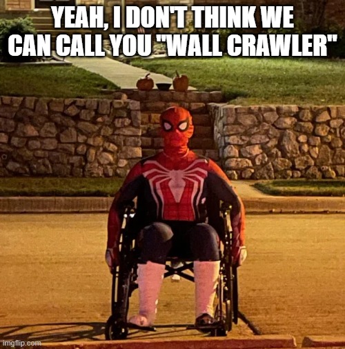 Spider Cripple | YEAH, I DON'T THINK WE CAN CALL YOU "WALL CRAWLER" | image tagged in spiderman | made w/ Imgflip meme maker