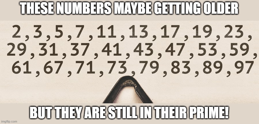 Prime Pun | THESE NUMBERS MAYBE GETTING OLDER; BUT THEY ARE STILL IN THEIR PRIME! | image tagged in math | made w/ Imgflip meme maker