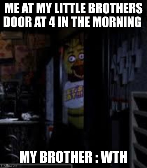 Chica Looking In Window FNAF | ME AT MY LITTLE BROTHERS DOOR AT 4 IN THE MORNING; MY BROTHER : WTH | image tagged in chica looking in window fnaf,fnaf | made w/ Imgflip meme maker