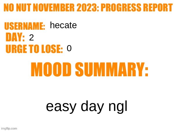 almost end of day for me | hecate; 2; 0; easy day ngl | image tagged in no nut november 2023 progress report | made w/ Imgflip meme maker