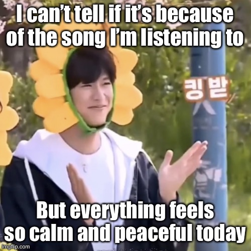 :) | I can’t tell if it’s because of the song I’m listening to; But everything feels so calm and peaceful today | made w/ Imgflip meme maker