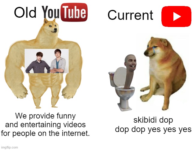 Back in my day, YouTube did not have Mr. Beast. We had Smosh. | Old; Current; We provide funny and entertaining videos for people on the internet. skibidi dop dop dop yes yes yes | image tagged in memes,buff doge vs cheems | made w/ Imgflip meme maker