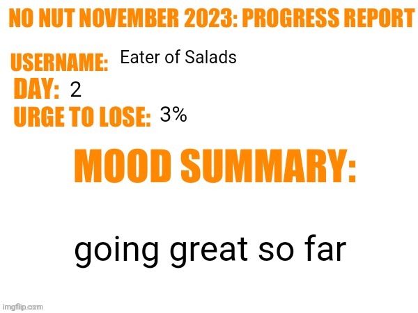 No Nut November 2023 Progress Report | Eater of Salads; 2; 3%; going great so far | image tagged in no nut november 2023 progress report | made w/ Imgflip meme maker