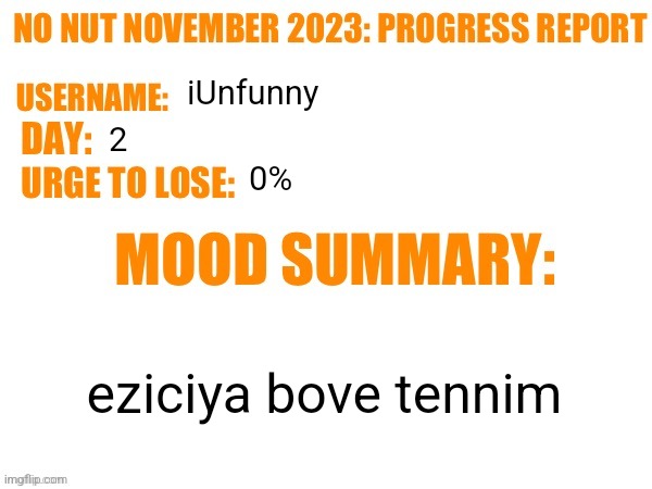No Nut November 2023 Progress Report | iUnfunny; 2; 0%; eziciya bove tennim | image tagged in no nut november 2023 progress report | made w/ Imgflip meme maker