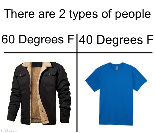 I’ll admit I’m the person to wear a jacket in 60 degrees | There are 2 types of people; 60 Degrees F; 40 Degrees F | image tagged in t chart | made w/ Imgflip meme maker