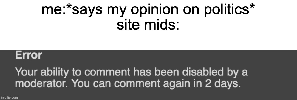 comment banned 2 days sitewide | me:*says my opinion on politics*
site mids: | image tagged in comment banned 2 days sitewide | made w/ Imgflip meme maker