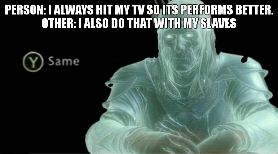 Y same better | PERSON: I ALWAYS HIT MY TV SO ITS PERFORMS BETTER.
OTHER: I ALSO DO THAT WITH MY SLAVES | image tagged in y same better | made w/ Imgflip meme maker