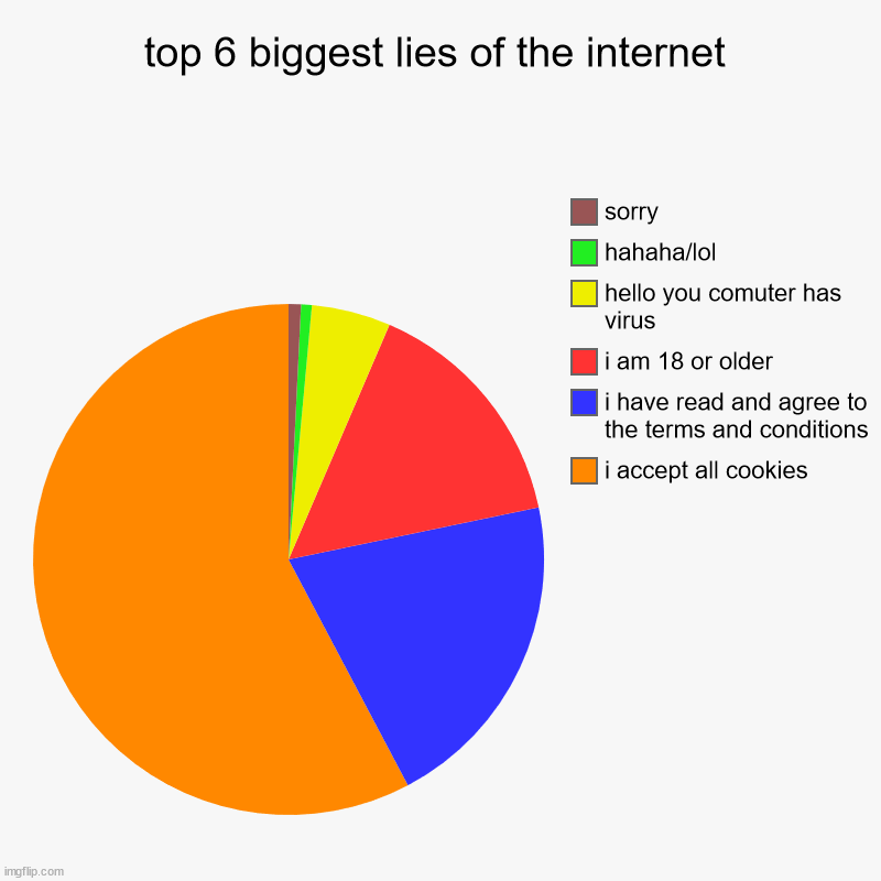 top 6 biggest lies of the internet | i accept all cookies, i have read and agree to the terms and conditions, i am 18 or older, hello you co | image tagged in charts,pie charts | made w/ Imgflip chart maker