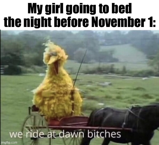 Doomed to fail NNN | My girl going to bed the night before November 1: | image tagged in we ride at dawn bitches,nnn,riding,big d | made w/ Imgflip meme maker