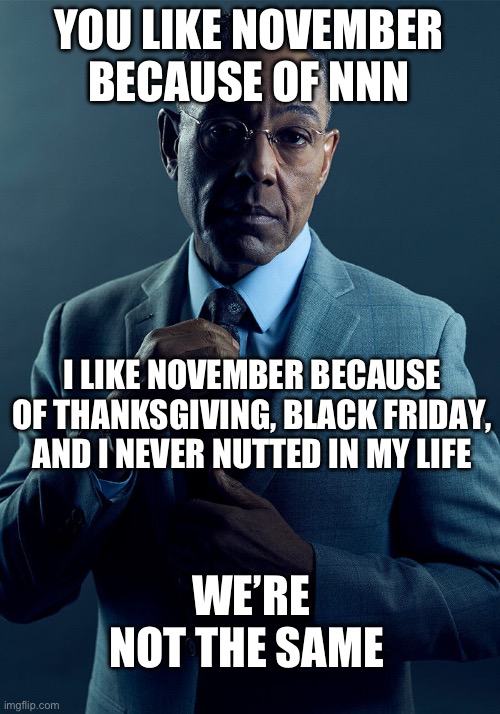 I don’t nut | YOU LIKE NOVEMBER BECAUSE OF NNN; I LIKE NOVEMBER BECAUSE OF THANKSGIVING, BLACK FRIDAY, AND I NEVER NUTTED IN MY LIFE; WE’RE NOT THE SAME | image tagged in gus fring we are not the same | made w/ Imgflip meme maker