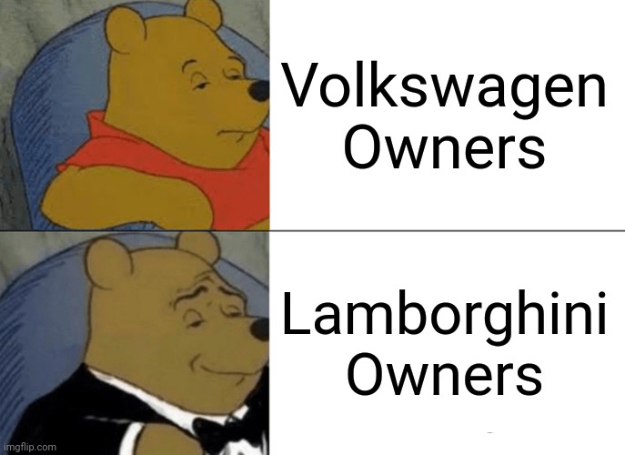 Tuxedo Winnie The Pooh:              Car Owners | Volkswagen Owners; Lamborghini Owners | image tagged in memes,tuxedo winnie the pooh,volkswagen,lamborghini,owner,real life | made w/ Imgflip meme maker