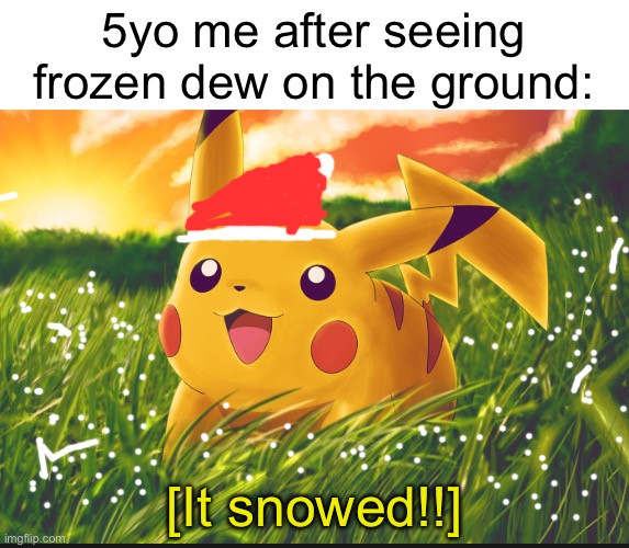 SNOW! | 5yo me after seeing frozen dew on the ground:; [It snowed!!] | image tagged in memes,pikachu | made w/ Imgflip meme maker