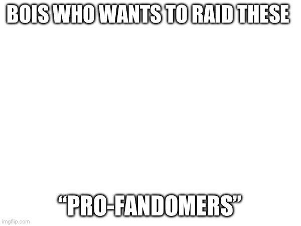 BOIS WHO WANTS TO RAID THESE; “PRO-FANDOMERS” | made w/ Imgflip meme maker