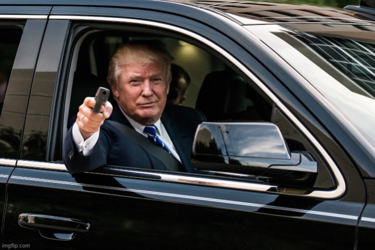 He said "become Republican" (this is a joke-) | image tagged in trump car glock | made w/ Imgflip meme maker