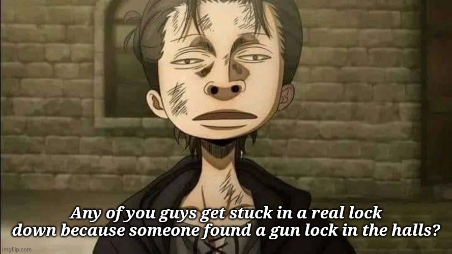 Eren meme | Any of you guys get stuck in a real lock down because someone found a gun lock in the halls? | image tagged in eren meme | made w/ Imgflip meme maker