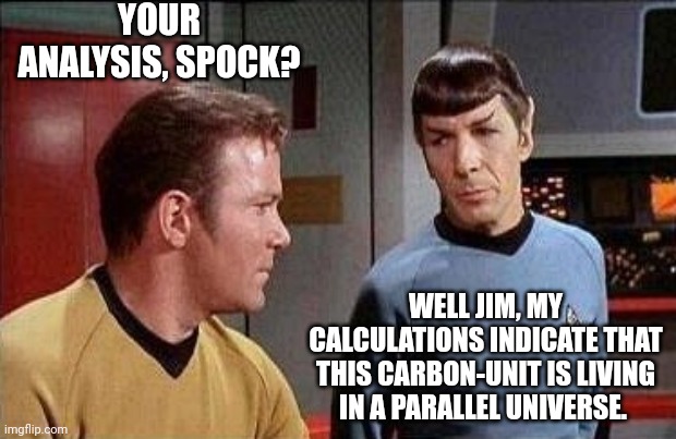 kirk and spock | YOUR ANALYSIS, SPOCK? WELL JIM, MY CALCULATIONS INDICATE THAT THIS CARBON-UNIT IS LIVING IN A PARALLEL UNIVERSE. | image tagged in kirk and spock | made w/ Imgflip meme maker