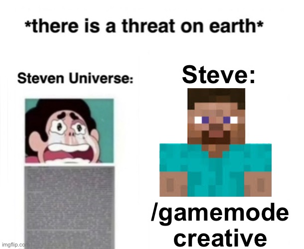 /gamemode creative | Steve:; /gamemode
creative | image tagged in there is a threat on earth | made w/ Imgflip meme maker