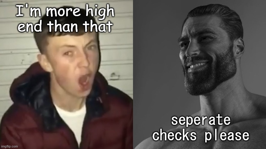 average fan vs average enjoyer | I'm more high end than that seperate checks please | image tagged in average fan vs average enjoyer | made w/ Imgflip meme maker