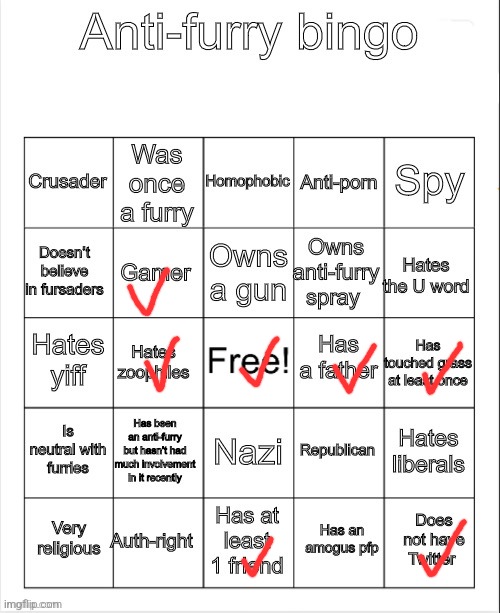 Dammit so close :( | image tagged in anti-furry bingo | made w/ Imgflip meme maker