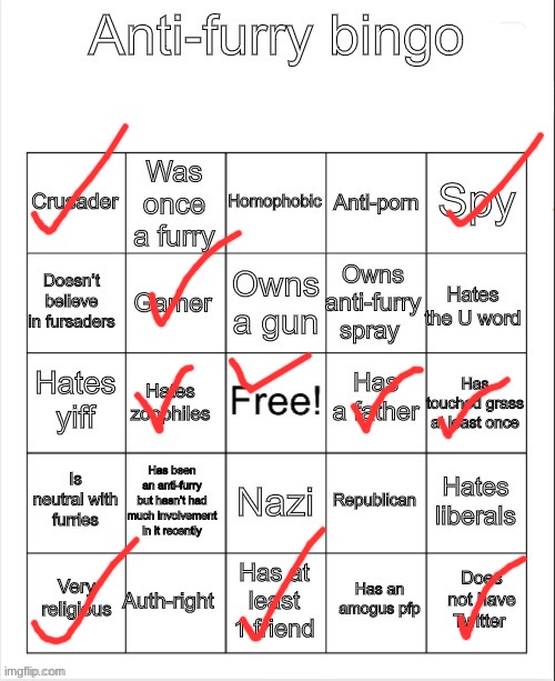 notice how one of the squares is nazi............. | image tagged in anti-furry bingo | made w/ Imgflip meme maker