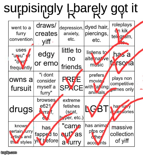 Furry Bingo V2 | surpisingly I barely got it | image tagged in furry bingo v2 | made w/ Imgflip meme maker