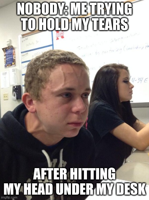 Hold fart | NOBODY: ME TRYING TO HOLD MY TEARS; AFTER HITTING MY HEAD UNDER MY DESK | image tagged in hold fart | made w/ Imgflip meme maker