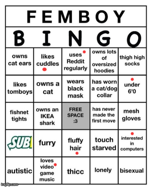 apparently i'm not feminine | image tagged in femboy bingo | made w/ Imgflip meme maker