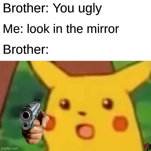 Surprised Pikachu | Brother: You ugly; Me: look in the mirror; Brother: | image tagged in memes,surprised pikachu | made w/ Imgflip meme maker