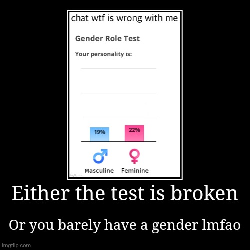 Either the test is broken | Or you barely have a gender lmfao | image tagged in funny,demotivationals | made w/ Imgflip demotivational maker