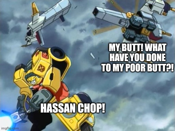 MY BUTT! WHAT HAVE YOU DONE TO MY POOR BUTT?! HASSAN CHOP! | image tagged in transformers armada,hot shot,cyclonus | made w/ Imgflip meme maker