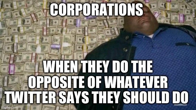 Opposite | CORPORATIONS; WHEN THEY DO THE OPPOSITE OF WHATEVER TWITTER SAYS THEY SHOULD DO | image tagged in huell money,corporations,twitter | made w/ Imgflip meme maker
