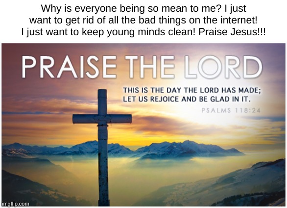 Praise Jesus | Why is everyone being so mean to me? I just want to get rid of all the bad things on the internet! I just want to keep young minds clean! Praise Jesus!!! | image tagged in praise the lord,jesus christ | made w/ Imgflip meme maker