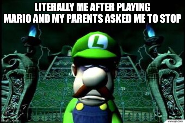 True | LITERALLY ME AFTER PLAYING MARIO AND MY PARENTS ASKED ME TO STOP | image tagged in depressed luigi | made w/ Imgflip meme maker