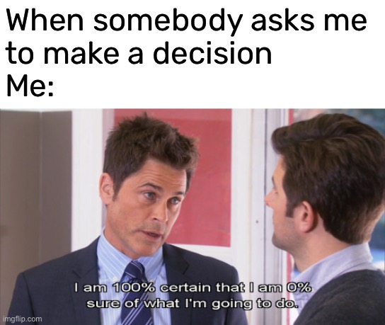indecisive | When somebody asks me 
to make a decision 
Me: | image tagged in funny,meme,indecisive,my sisters | made w/ Imgflip meme maker